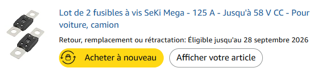 Capture de commande du lot de deux fusibles SeKi Mega 125 A 58 V